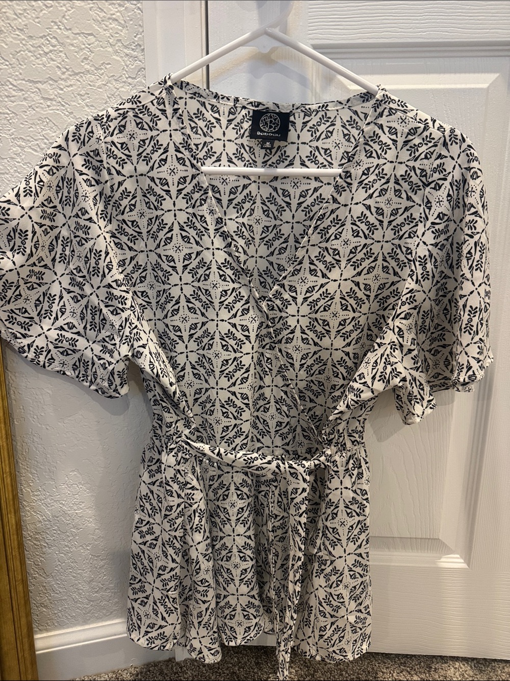 EARTHBOUND Black & White Tie-Waist Wrap Dress